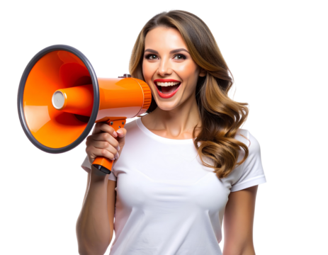 Woman with Orange Megaphone in Hands, Slight Tilted Pose, Transparent Background