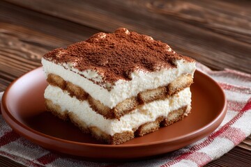 Tiramisu dessert layered on a plate dusted with cocoa powder Set on a red and white checkered napkin with a wooden background