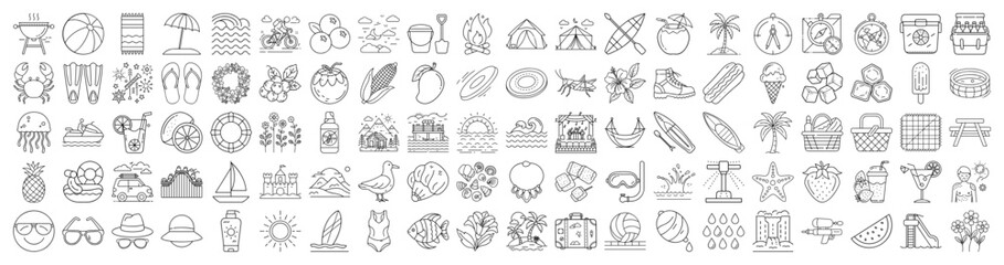 Collection of summer and outdoor activities with black and white line art