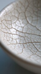 Close-up of a light ceramic bowl with subtle crackled glaze texture and soft lighting revealing fine details
