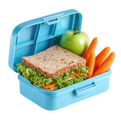 Healthy blue lunchbox filled with sandwich apple carrots and lettuce isolated [Transparent Background PNG].