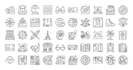 Set of linear icons for travel and tourism related activities and adventures