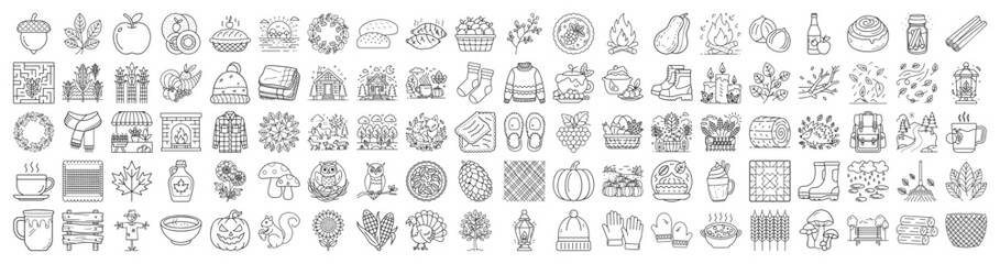 Fall themed line art illustration depicting various autumn and harvest elements
