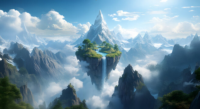 空中に浮かんだ島から流れる滝