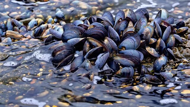 Close-up video angle capturing a cluster of mussels on a rocky shore, showcasing their iridescent shells and natural setting in vivid detail.