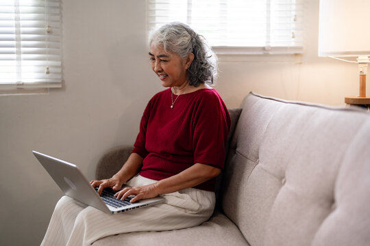 Older Asian woman happily using laptop computer on cozy sofa at home for digital connectivity online browsing and relaxed leisure time