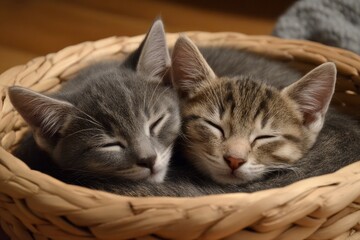 Two kittens one gray and one tabby asleep in a wicker basket