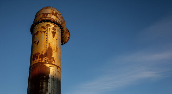 Weathered Industrial Pipe Against a Clear Blue Sky
A low-angle shot focuses on a single, large industrial pipe or vent, its surface covered in rust and signs of heavy weathering - Powered by Adobe