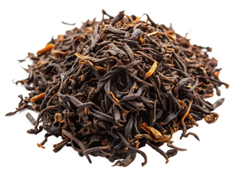 Pile of Dried Tea Leaves With Orange Tips Isolated dried tea loose leaf tea isolated on a transparent background