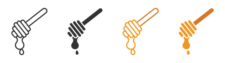 Honey dipper stick with dripping honey icon set, vector  illustration