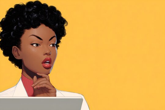 African american woman doctor thinking seriously. Female scientist analyzing medical data. Futuristic health technology and research concept.