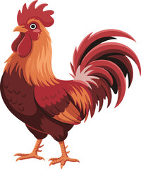 Rooster crowing good morning with flowers and sun