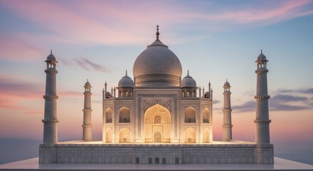 Fototapeta premium Majestic White Marble Taj Mahal at Sunset with Pink and Blue Sky