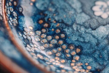 Macro close-up of a spotless ceramic bowl with deep blue glaze and clustered golden bubble texture in soft light