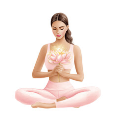 yoga woman in lotus position, watercolor style illustration