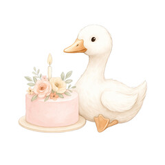 Cute duck with pink cake and flower decoration celebrating