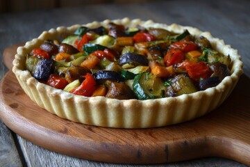 Vegetable tart with zucchini peppers  eggplant in a fluted crust on a wooden board