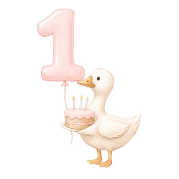 Cute duck holding birthday cake and pink number one balloon