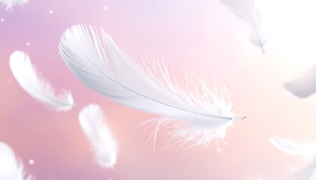 Delicate white feathers floating in a soft, pastel pink background - Powered by Adobe