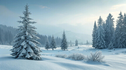 Snow-covered pine trees in tranquil winter mountain landscape, ideal for nature backgrounds, seasonal wallpapers, travel promotions, holiday greeting cards, and winter tourism ads