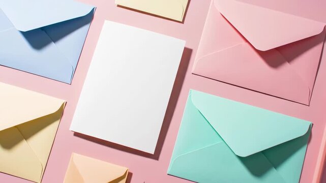 Pastel envelopes and blank card on pink surface, invitation mockup