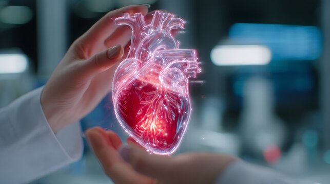 Woman doctor holding virtual 3D human heart with internal anatomy shown. Modern healthcare technology, cardiology and futuristic medical research concept.