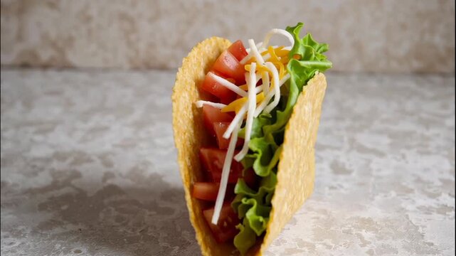 Close up shot of a taco filled with tomatoes lettuce and cheese on a textured surface top view