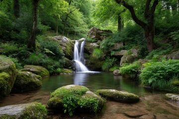 Waterfall cascades into a pond surrounded by mossy rocks and lush greenery in a forest