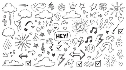 Hand drawn doodle icons set elements design collection graphic sketch Vector illustration White back