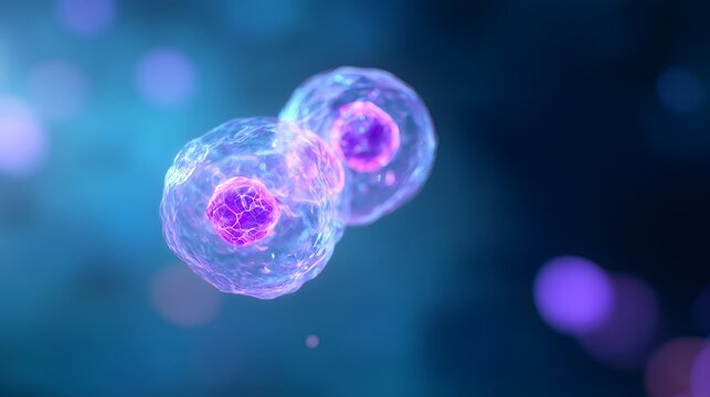 Two vibrant human cells with visible nucleus, illuminated on a blue background. Scientific concept of microbiology and cellular division.
