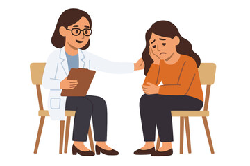 Psychologist helping patient with depression. Psychotherapy session for mental health support. Woman at counseling with therapist. Doctor comforting sad person. Empathy concept.