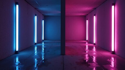 Minimalist room divided by vibrant cyan and pink neon lighting. Clean geometric architecture with contrasting blue and magenta illumination creates futuristic ambiance perfect for tech content.
