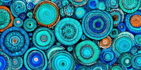 A vibrant tapestry of swirling circles in teal, blue, and orange, showcasing intricate, detailed patterns.