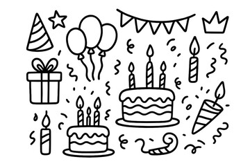 Hand drawn birthday party doodle set. Vector line art illustration of celebration elements. Cute cartoon icons collection with cake, candle, gift, and balloon. Isolated sketch.