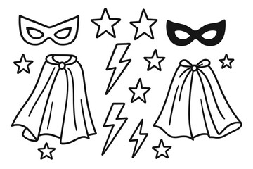 Superhero doodle set. Hand-drawn hero costume elements collection. Black and white line art vector illustration of masks, capes, stars, and lightning bolts for kids.