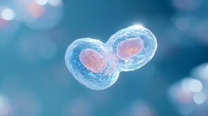 Cell division process of two cells. Mitosis concept in human body. Regenerative medicine. Futuristic biology and genetic engineering visualization.