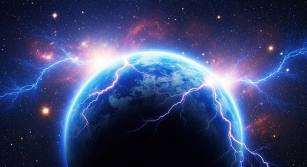 Obraz premium Earth From Space Surrounded by Bright Lightning and Vibrant Nebula in Deep Space