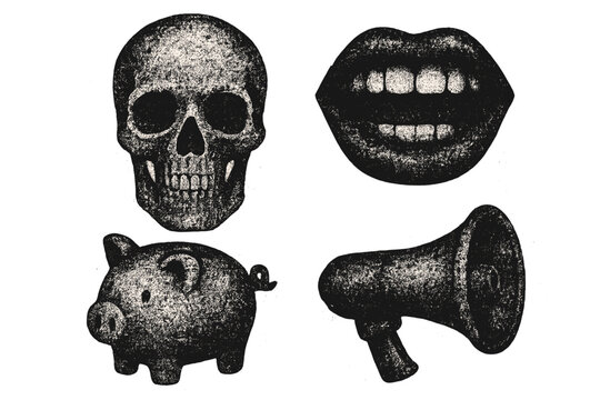 Vintage dotted texture effect elements set, retro skull, open mouth, piggy bank, loudspeaker with grunge messy texture, Y2K aesthetic vector illustration, distressed design