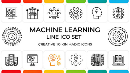 Machine Learning Vector Icon Set: A Collection of 10 Creative Line Icons Illustrating Concepts in Artificial Intelligence and Technology on white, square-background squares.