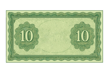 Detailed voucher template with guilloche pattern and security watermarks, 10 dollars banknote design, green background currency, gift voucher, coupon, money illustration, cheque style