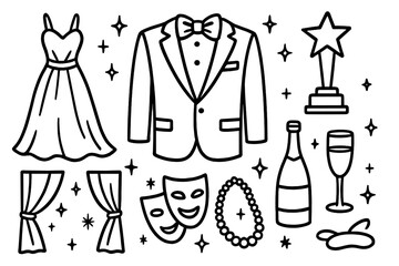 Elegant gala event doodle set. Formal party collection with dress, tuxedo, awards, and champagne. Black and white vector cartoon illustration icons for celebration or ceremony.