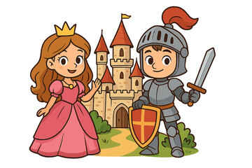 Cute cartoon princess and brave knight in a magical fairytale kingdom. Vector illustration of medieval fantasy characters in front of a castle. Children's storybook scene.