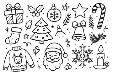 Big set of hand drawn Christmas doodle elements. Black and white vector holiday icons. Santa, tree, gift, sweater, snowflake. Xmas sketch cartoon collection for design.