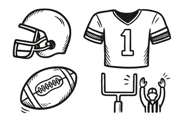 American football doodle set. Hand drawn vector cartoon sketch icons. Game elements collection including helmet, jersey, ball, goalpost, and referee touchdown signal.