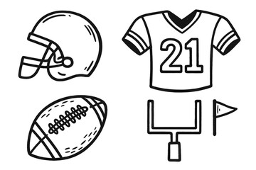 American football hand drawn icon set. Vector cartoon illustration collection with helmet, jersey, ball, and goal post. Sport game doodle sketch elements for design.