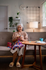 Asian older woman enjoys relaxing craft hobby crocheting colorful yarn on sofa at home cozy living room activity senior leisure lifestyle