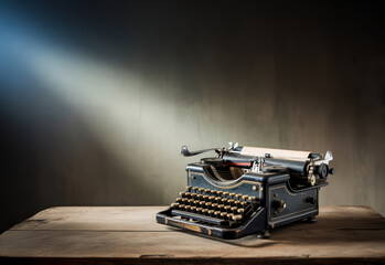 Vintage old typewriter sits on table in atmospheric room with dramatic shaft of light cutting through darkness, creating mysterious nostalgic ambiance perfect for storytelling themes.
