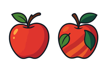 Set of two red apple vector icons. Cartoon fruit illustration in simple and complex styles. Fresh organic food concept for flat design, stickers, or logos. Design variation.
