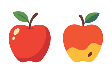Fresh and rotten apple concept vector. Healthy and unhealthy food comparison. Whole ripe red fruit vs old bitten apple with seed. Good and bad choice. Diet icon set.
