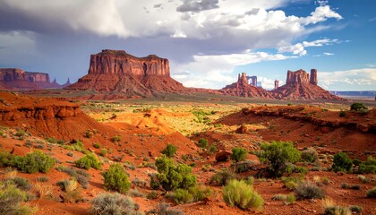 Vast red desert landscape under a dramatic sky
